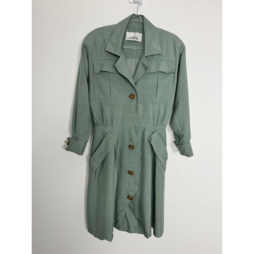 Vintage 80s Steve Fabrikant 100% Silk Safari Trench Coat Sage Green 10 USA Made